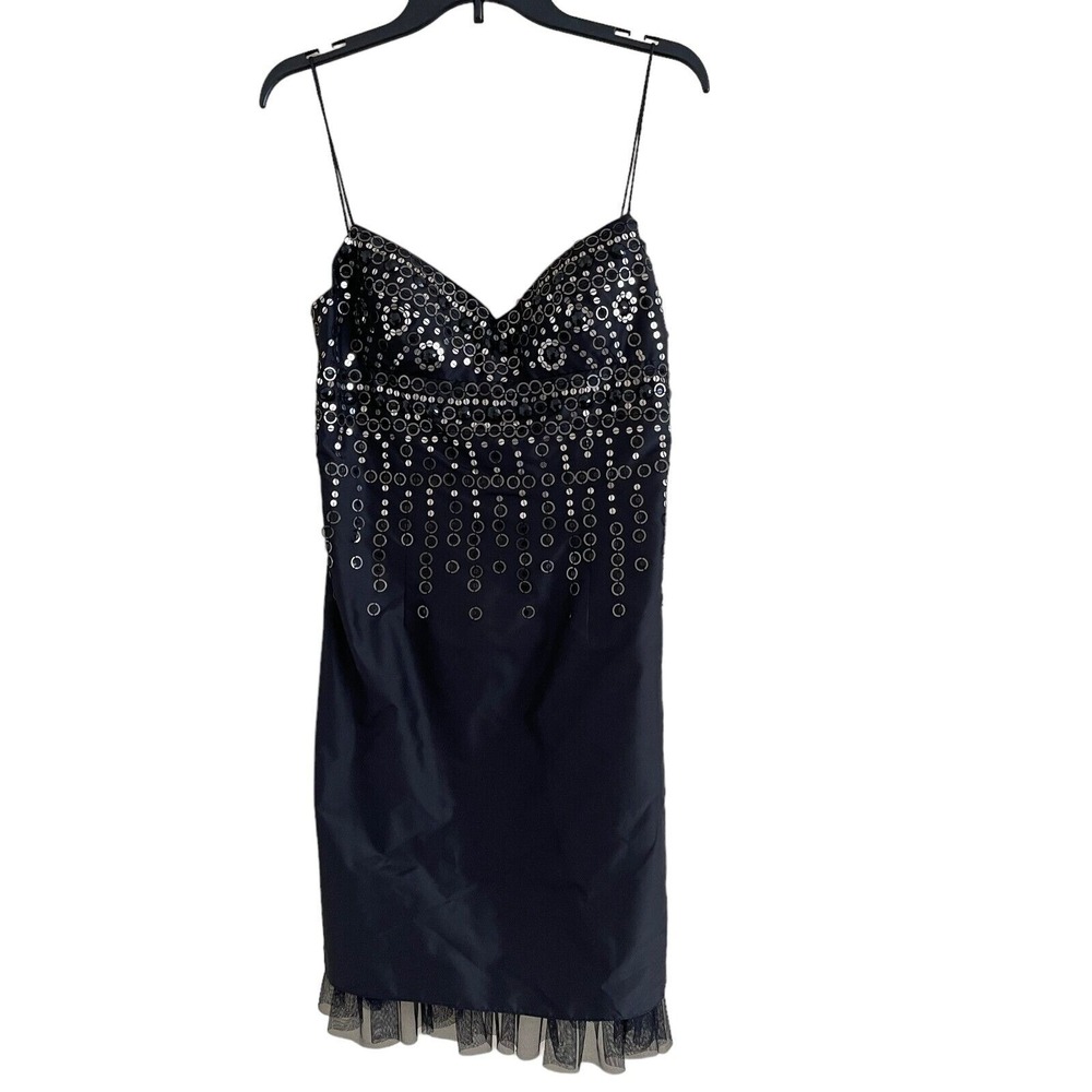 Mikael Aghal Silk Cocktail Dress Women 8 Black Sequin Rhinestone Embellished